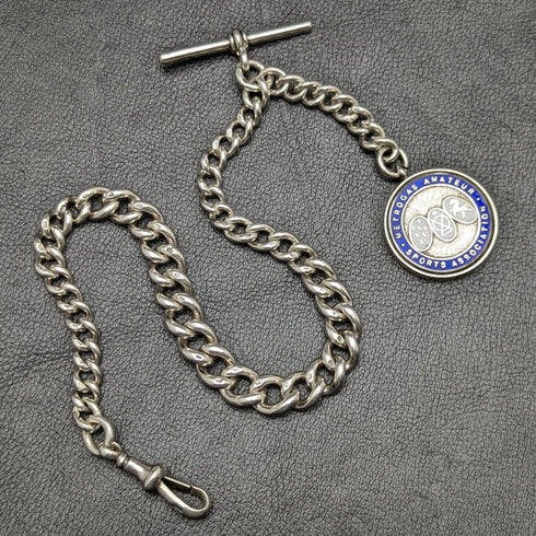 1920s British Antique Extra Thick Pure Silver (925 Silver) Albert Chain 75g Medal Fob